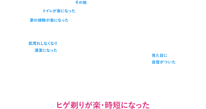 髭剃りが楽・時短になった / 見た目に自信がついた / 肌荒れしなくなり清潔になった / 家の掃除が楽になった / トイレが楽になった